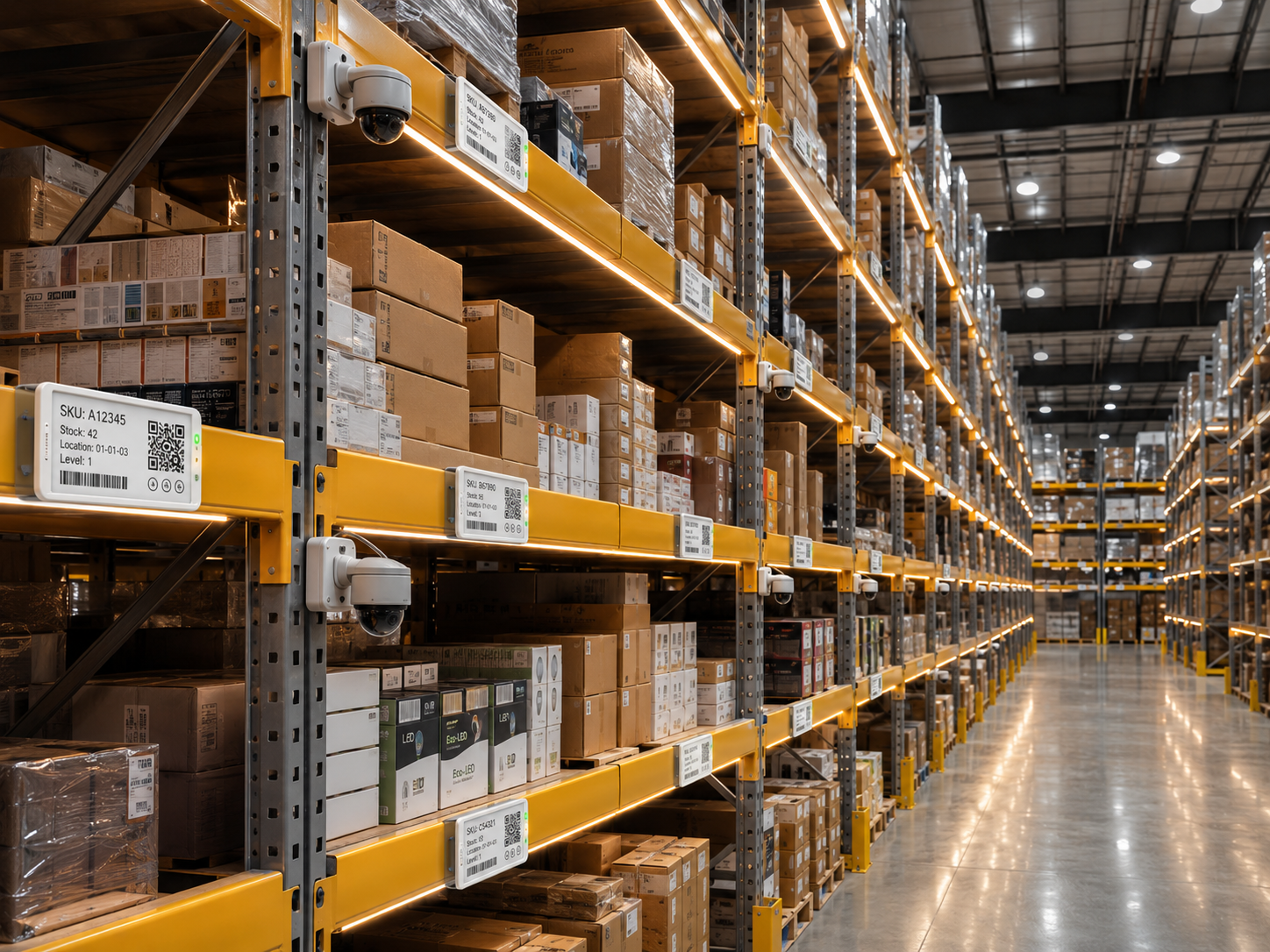 Racks industriales con etiquetas electrónicas, iluminación integrada y solución tecnológica aplicada al almacenamiento